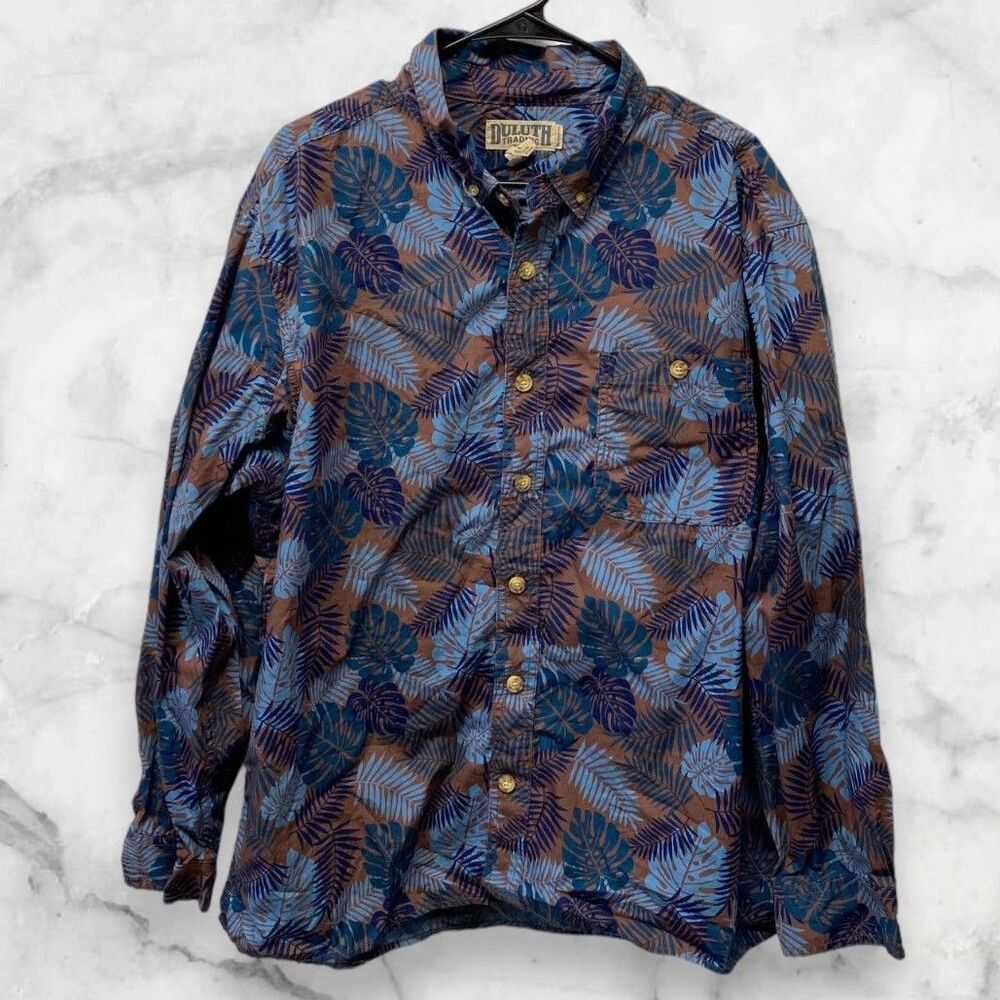 Duluth Men's XL Untucked Relax Fit Hawaiian Print Long Sleeve Shirt - Blue/Brown